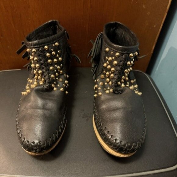 Vintage black leather studded fringe moccasins ankle booties - EU 37 - Picture 1 of 16